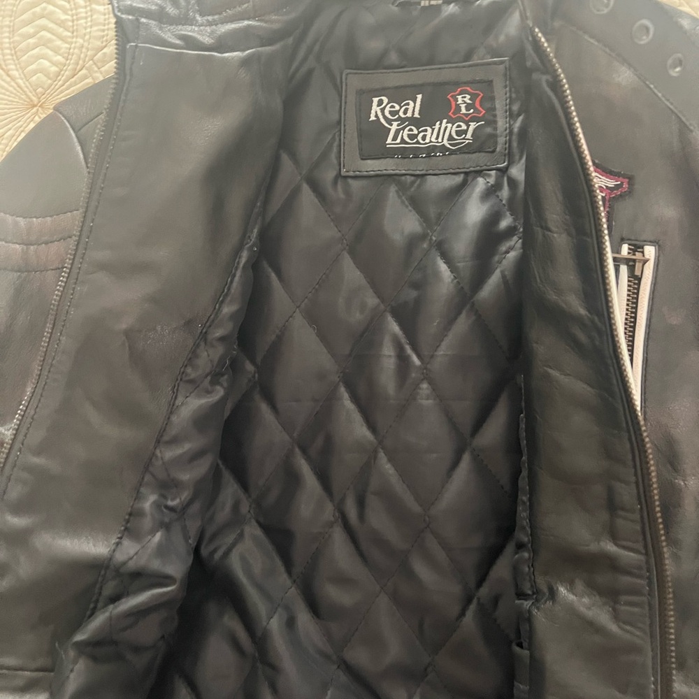 Affliction Black Leather Jacket with Red & Cream Embroidered Headdress - Picture 4 of 5